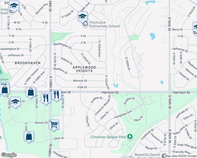 map of restaurants, bars, coffee shops, grocery stores, and more near 10228 Madison Street in Omaha