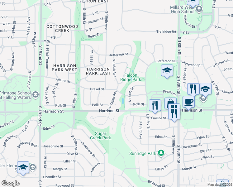 map of restaurants, bars, coffee shops, grocery stores, and more near 18552 Drexel Street in Omaha