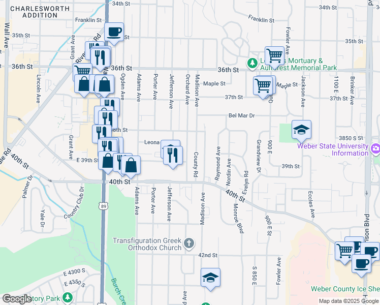 map of restaurants, bars, coffee shops, grocery stores, and more near 3831 Orchard Avenue in Ogden