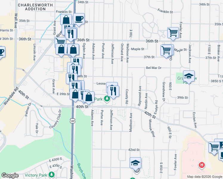 map of restaurants, bars, coffee shops, grocery stores, and more near 589 Leona Drive in South Ogden