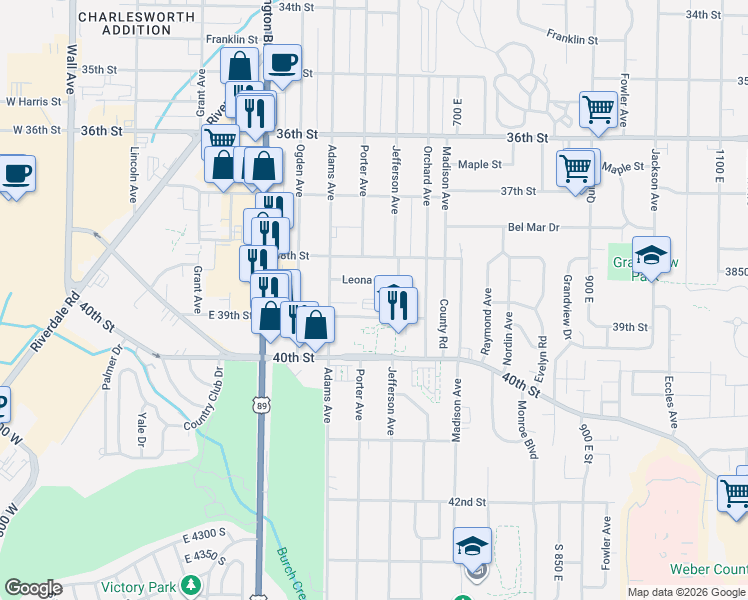 map of restaurants, bars, coffee shops, grocery stores, and more near 585 39th Street in South Ogden