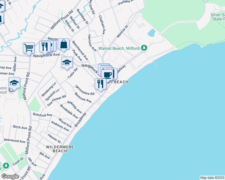 map of restaurants, bars, coffee shops, grocery stores, and more near in Milford
