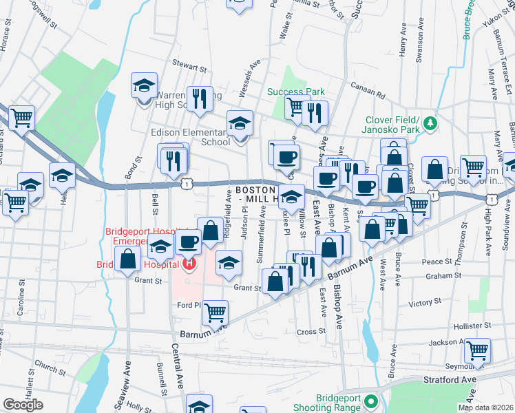 map of restaurants, bars, coffee shops, grocery stores, and more near 314 Judson Place in Bridgeport