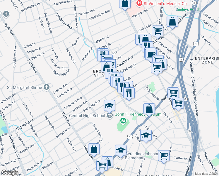 map of restaurants, bars, coffee shops, grocery stores, and more near 39 Cleveland Avenue in Bridgeport