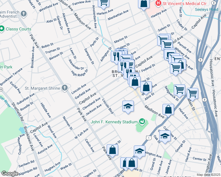 map of restaurants, bars, coffee shops, grocery stores, and more near 967 Capitol Avenue in Bridgeport
