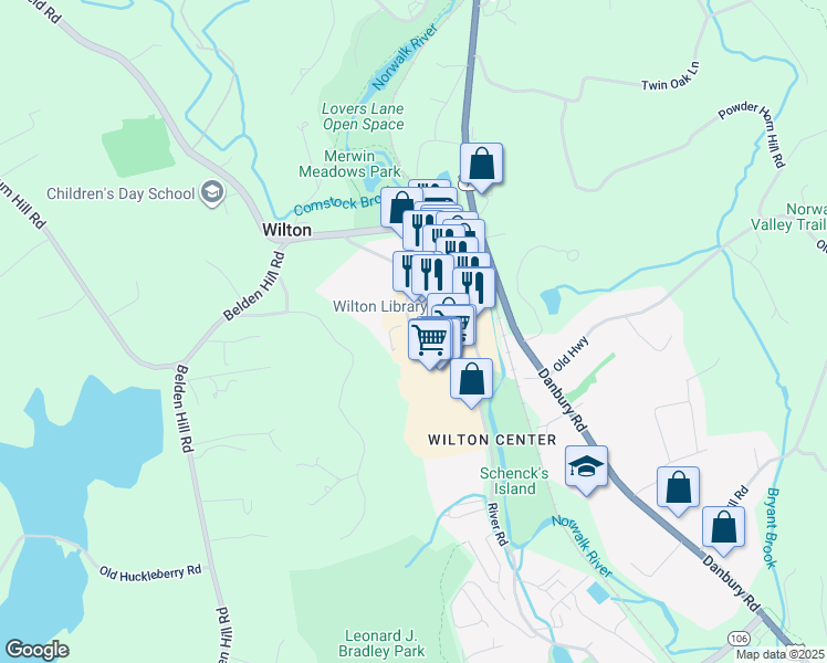 map of restaurants, bars, coffee shops, grocery stores, and more near 101 Old Ridgefield Road in Wilton