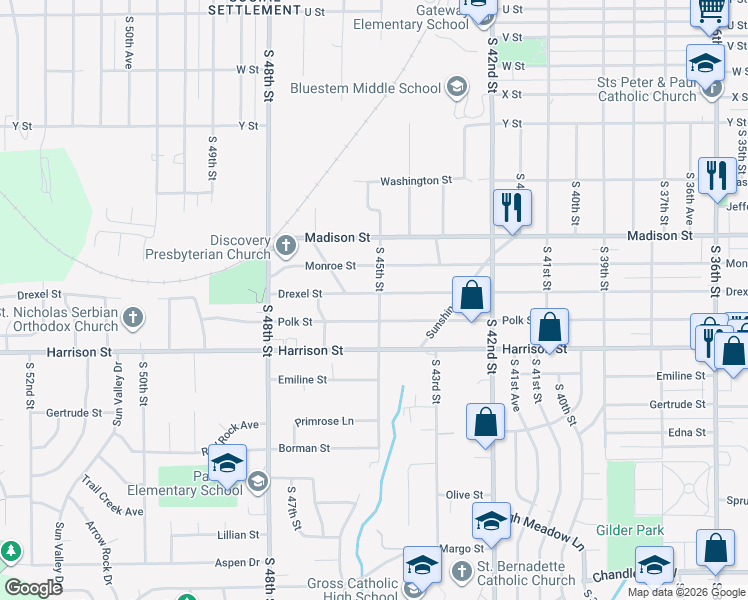 map of restaurants, bars, coffee shops, grocery stores, and more near 6616 South 45th Street in Omaha