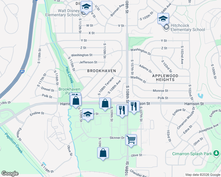 map of restaurants, bars, coffee shops, grocery stores, and more near 6527 South 108th Terrace in Omaha