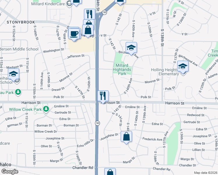map of restaurants, bars, coffee shops, grocery stores, and more near 14206 Drexel Circle in Omaha