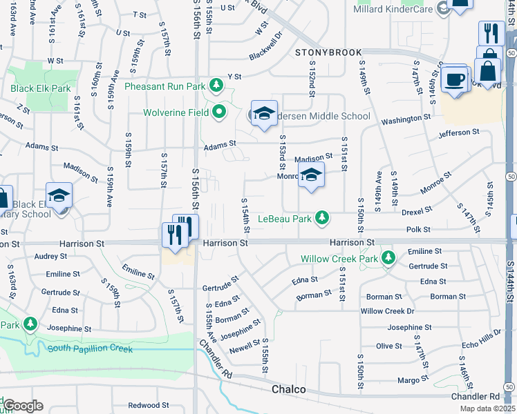 map of restaurants, bars, coffee shops, grocery stores, and more near 15332 Drexel Circle in Omaha