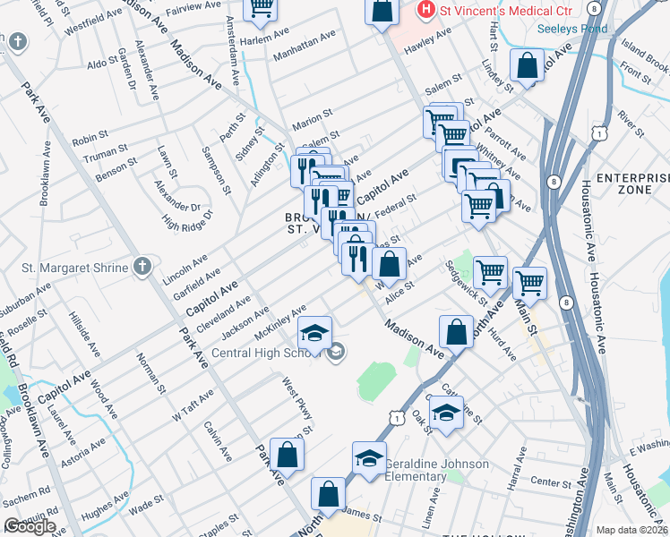 map of restaurants, bars, coffee shops, grocery stores, and more near 39 Cleveland Avenue in Bridgeport