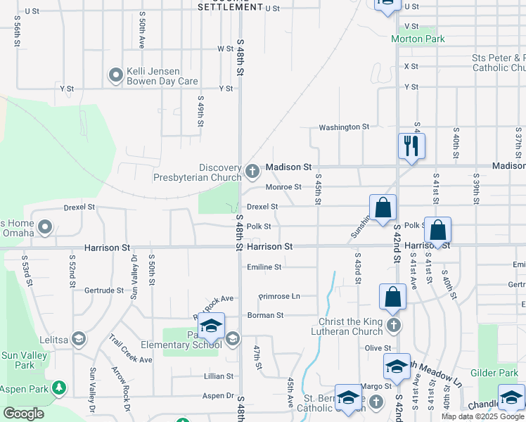 map of restaurants, bars, coffee shops, grocery stores, and more near 4656 Drexel Street in Omaha