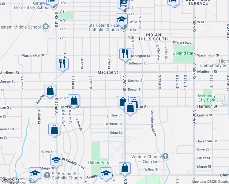 map of restaurants, bars, coffee shops, grocery stores, and more near 3620 Drexel Street in Omaha