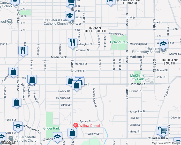 map of restaurants, bars, coffee shops, grocery stores, and more near 3336 Drexel Street in Omaha