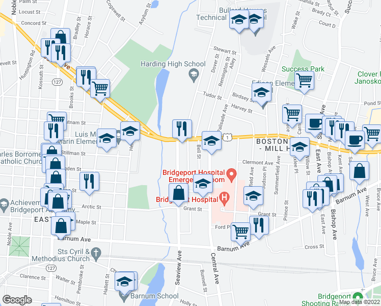 map of restaurants, bars, coffee shops, grocery stores, and more near 250 Sheridan Street in Bridgeport
