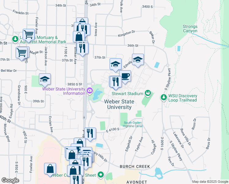 map of restaurants, bars, coffee shops, grocery stores, and more near in Ogden