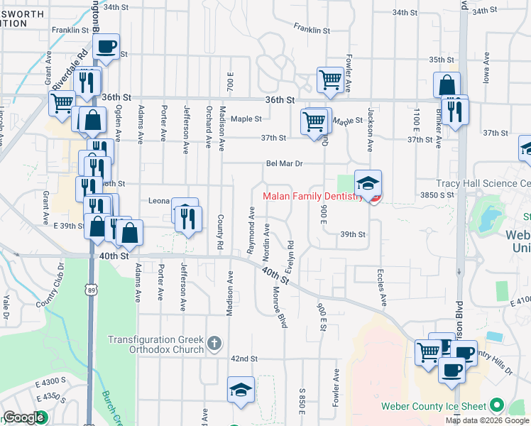 map of restaurants, bars, coffee shops, grocery stores, and more near 3860 Oram Circle in South Ogden