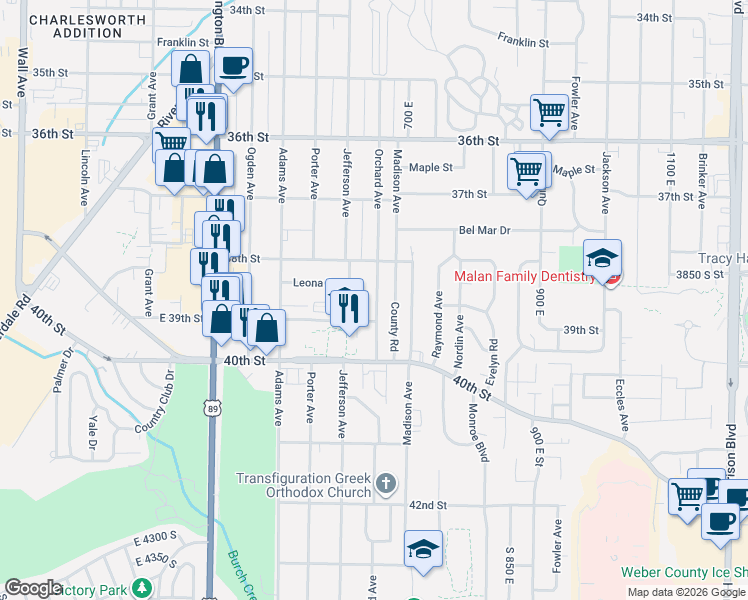 map of restaurants, bars, coffee shops, grocery stores, and more near 3831 Orchard Avenue in Ogden