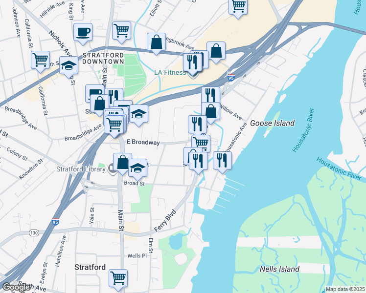 map of restaurants, bars, coffee shops, grocery stores, and more near 736 East Broadway in Stratford