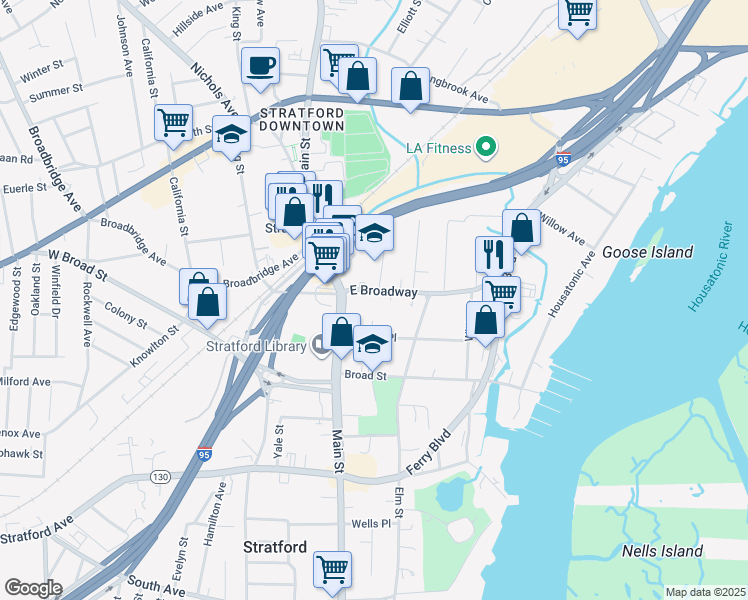 map of restaurants, bars, coffee shops, grocery stores, and more near 972 East Broadway in Stratford