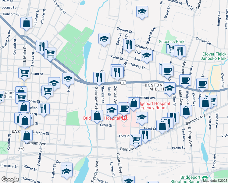 map of restaurants, bars, coffee shops, grocery stores, and more near 123 Bell Street in Bridgeport