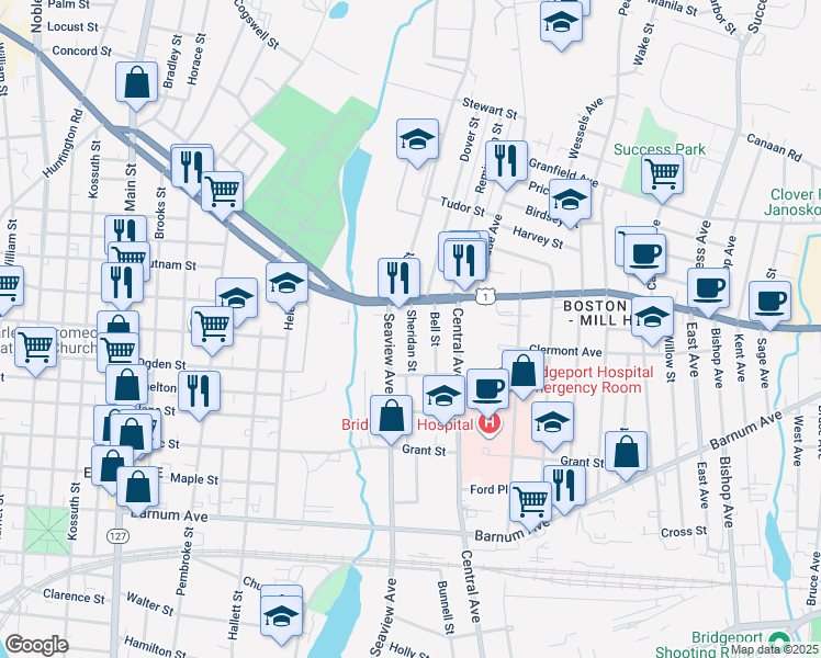 map of restaurants, bars, coffee shops, grocery stores, and more near 1290 Boston Avenue in Bridgeport