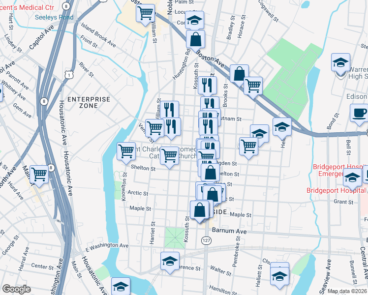map of restaurants, bars, coffee shops, grocery stores, and more near 830 Noble Avenue in Bridgeport