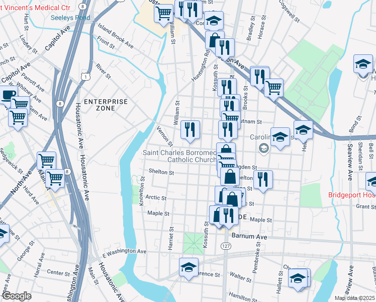 map of restaurants, bars, coffee shops, grocery stores, and more near 830 Noble Avenue in Bridgeport