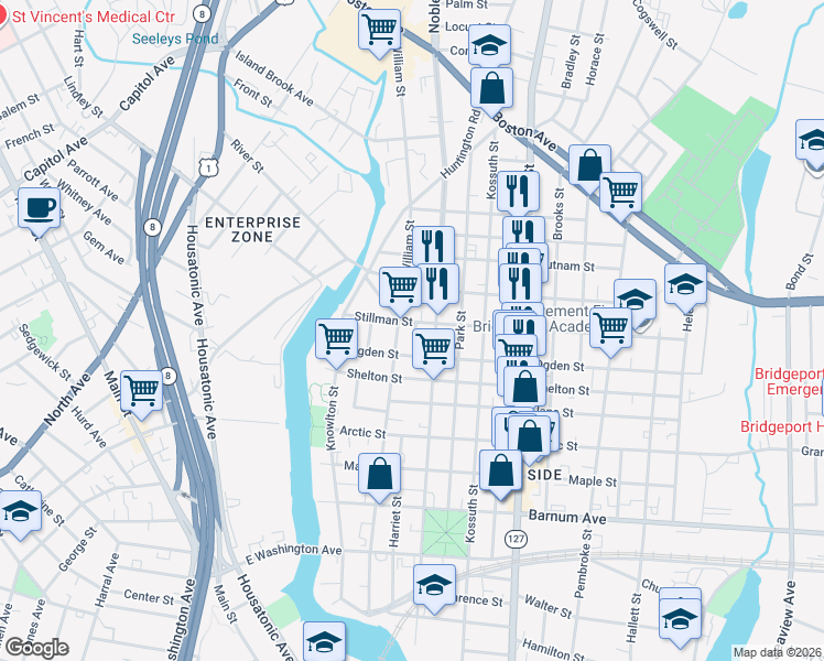 map of restaurants, bars, coffee shops, grocery stores, and more near 642 William Street in Bridgeport