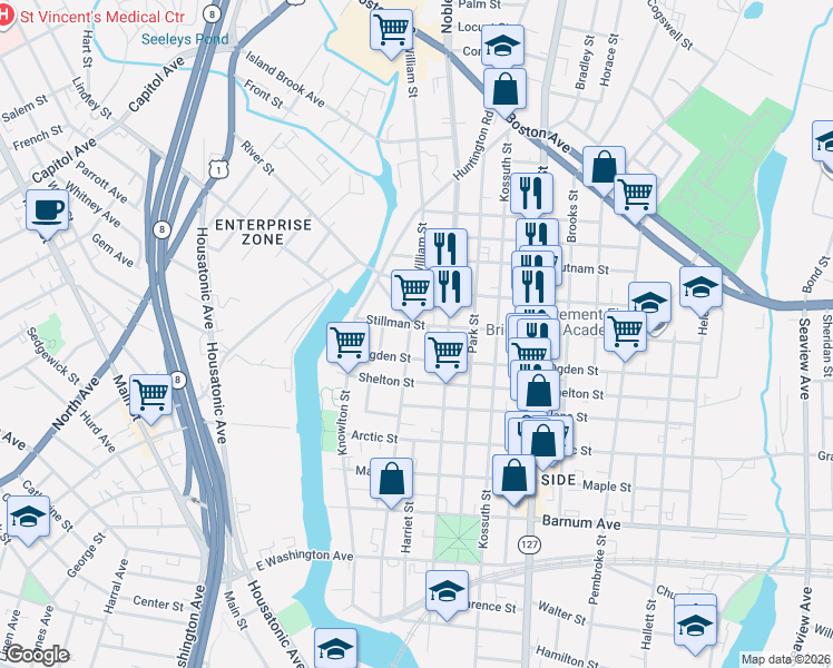 map of restaurants, bars, coffee shops, grocery stores, and more near 642 William Street in Bridgeport