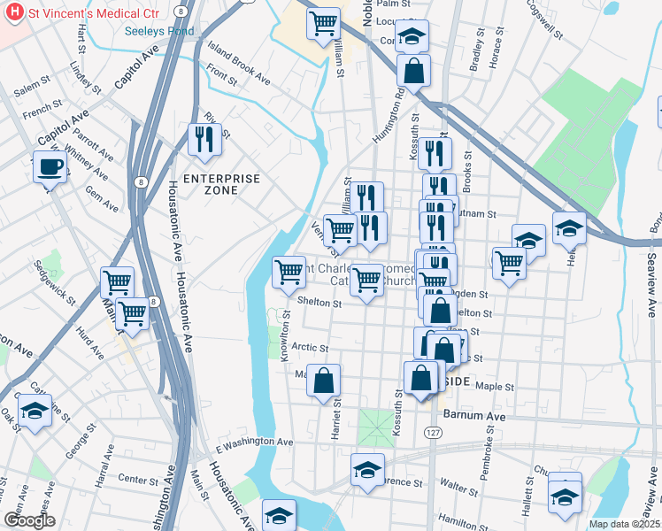 map of restaurants, bars, coffee shops, grocery stores, and more near 85 Stillman Street in Bridgeport