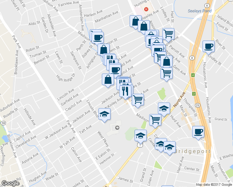 map of restaurants, bars, coffee shops, grocery stores, and more near 39 Cleveland Avenue in Bridgeport