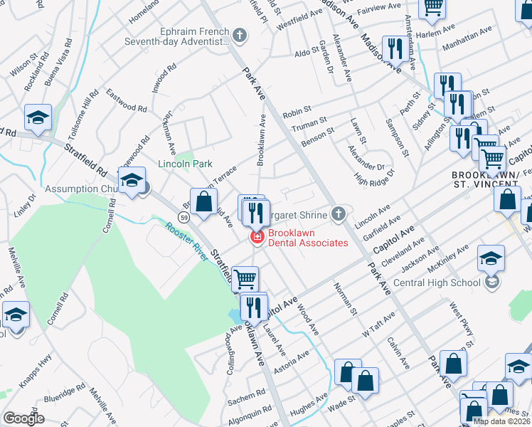 map of restaurants, bars, coffee shops, grocery stores, and more near 1258 Brooklawn Avenue in Fairfield