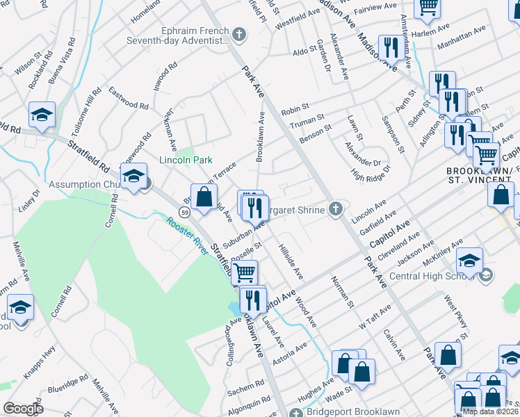 map of restaurants, bars, coffee shops, grocery stores, and more near 1258 Brooklawn Avenue in Fairfield