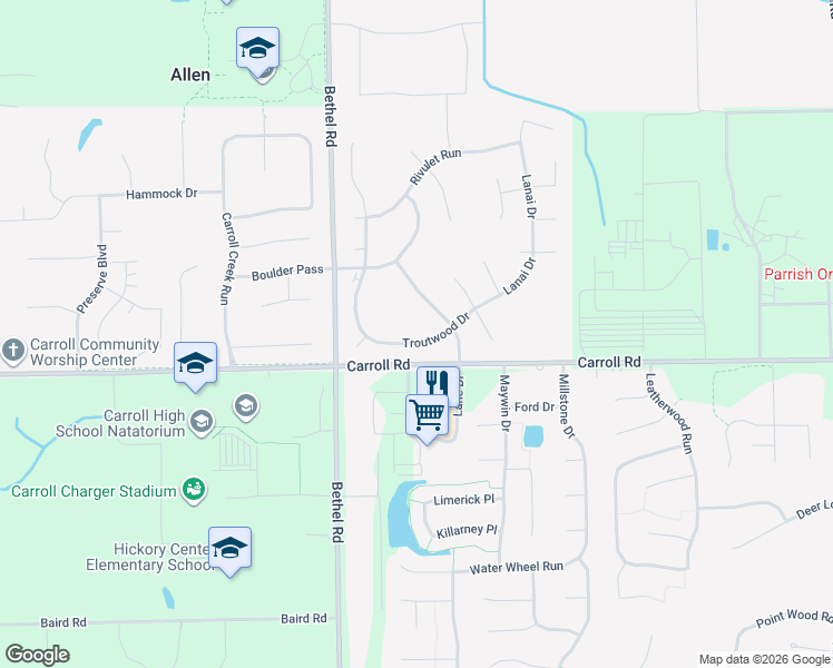 map of restaurants, bars, coffee shops, grocery stores, and more near 12015 Tapered Bank Run in Fort Wayne