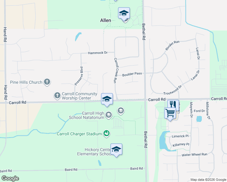 map of restaurants, bars, coffee shops, grocery stores, and more near 12028 Carroll Creek Run in Fort Wayne