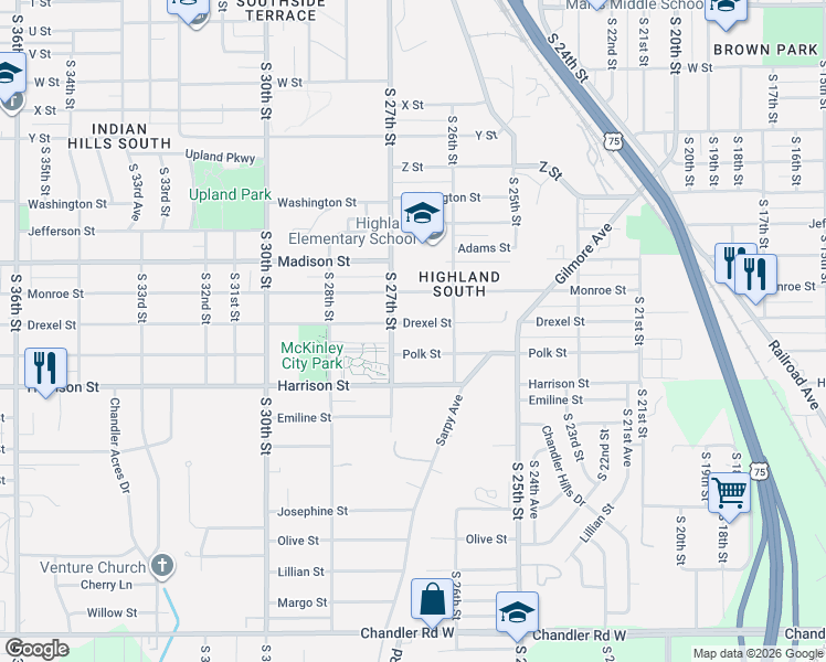 map of restaurants, bars, coffee shops, grocery stores, and more near 2626 Drexel Street in Omaha