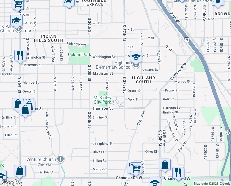 map of restaurants, bars, coffee shops, grocery stores, and more near 2714 Drexel Street in Omaha