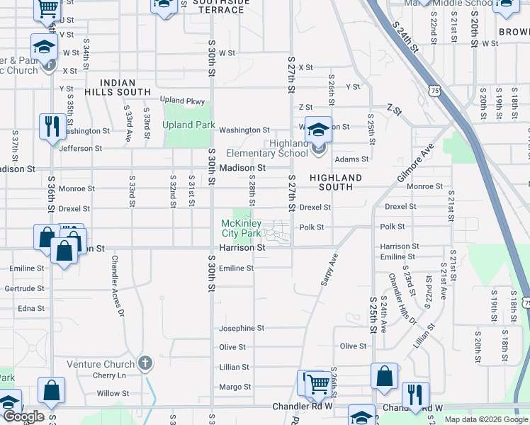 map of restaurants, bars, coffee shops, grocery stores, and more near 2742 Drexel Street in Omaha
