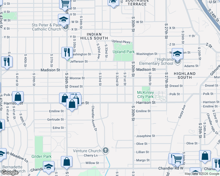 map of restaurants, bars, coffee shops, grocery stores, and more near 3220 Drexel Street in Omaha