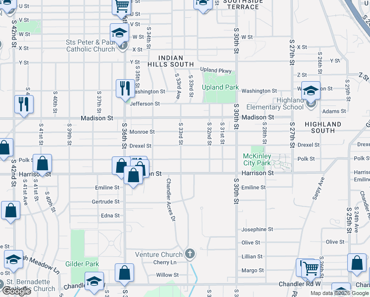 map of restaurants, bars, coffee shops, grocery stores, and more near 3262 Drexel Street in Omaha