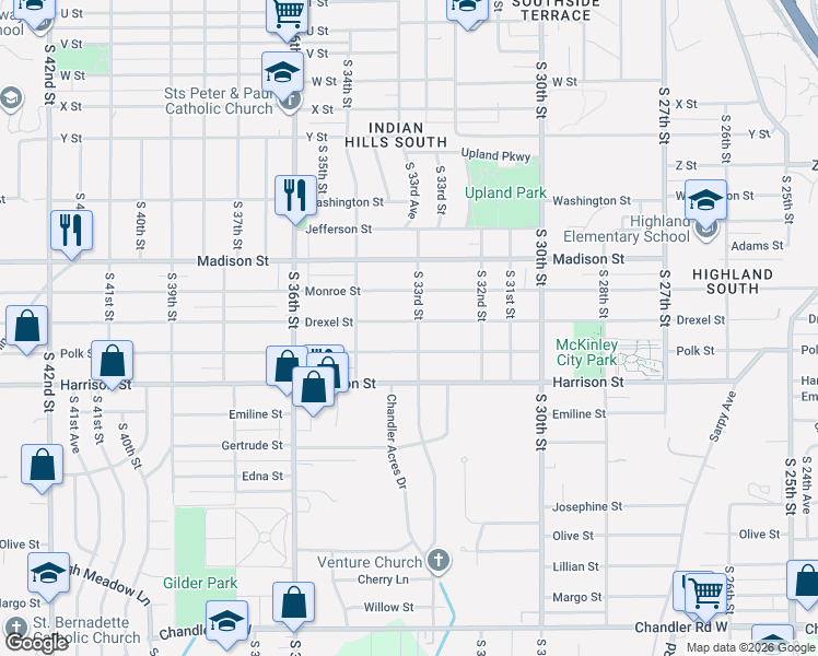 map of restaurants, bars, coffee shops, grocery stores, and more near 3262 Drexel Street in Omaha
