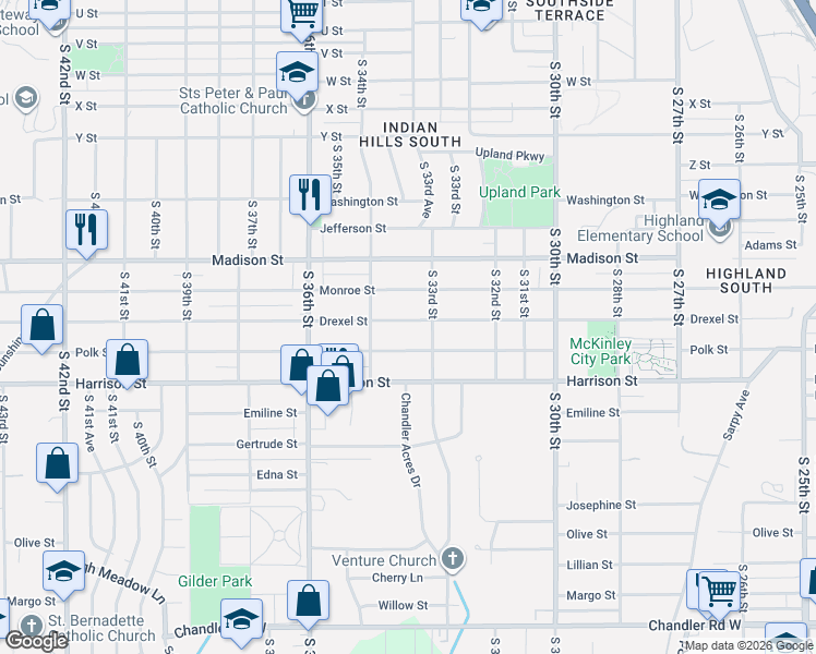 map of restaurants, bars, coffee shops, grocery stores, and more near 3336 Drexel Street in Omaha