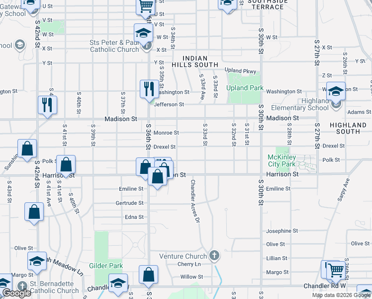 map of restaurants, bars, coffee shops, grocery stores, and more near 3336 Drexel Street in Omaha