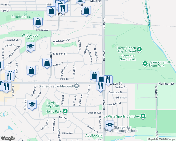 map of restaurants, bars, coffee shops, grocery stores, and more near 7363 Drexel Street in Ralston