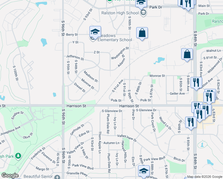 map of restaurants, bars, coffee shops, grocery stores, and more near 6426 South 91st Avenue Circle in Omaha
