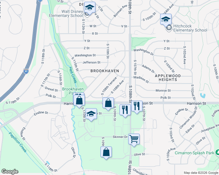 map of restaurants, bars, coffee shops, grocery stores, and more near 6527 South 108th Terrace in Omaha