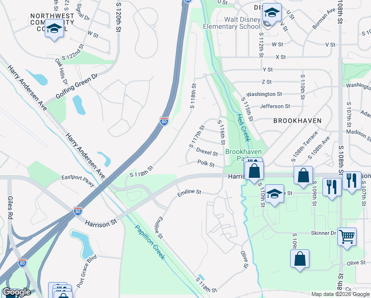 map of restaurants, bars, coffee shops, grocery stores, and more near 6624 South 117th Street in Omaha