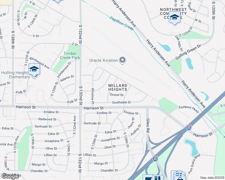map of restaurants, bars, coffee shops, grocery stores, and more near 6616 South 129th Street in Omaha
