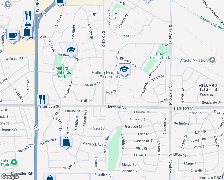 map of restaurants, bars, coffee shops, grocery stores, and more near 6618 South 136th Street in Omaha